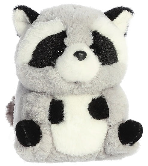 Plush racoon toy with rounded shape.