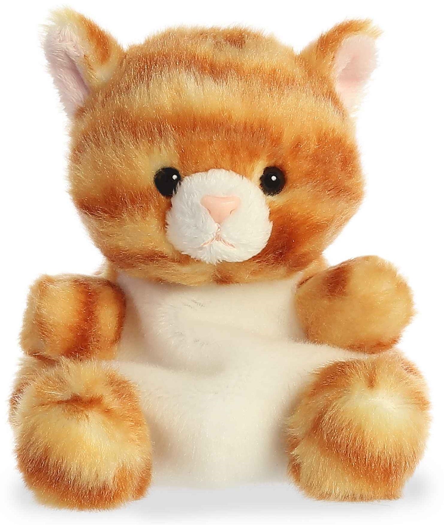 A plush orange tabby cat toy with a soft, fluffy texture.
