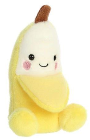 A plush toy resembling a partially peeled banana with a smiling face.