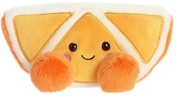 A plush toy resembling a mandarin slide with a smiling face.