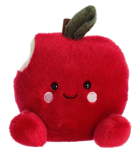 Red plush apple with bite taken out and smiling face.