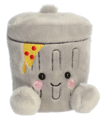 Garbage can plush with pizza sticking out and smiling face.
