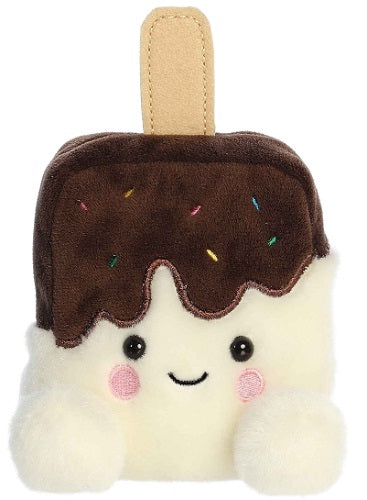 Vanilla ice cream with chocolate coating on a stick with a smiling face.