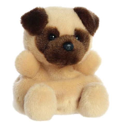 Plush toy pug dog with a two toned brown face on a white background