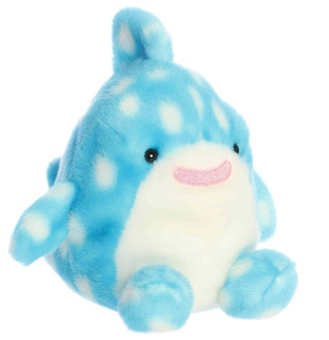 Blue and white plush toy with a smiling face on a white background