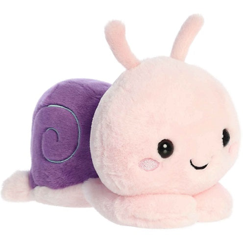 Pink snail plush with purple shell and oversized head.