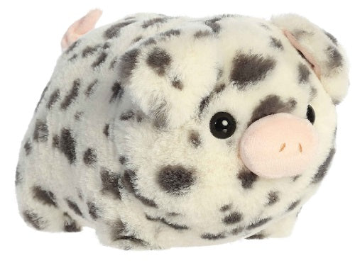 Round white pig with gray spots.