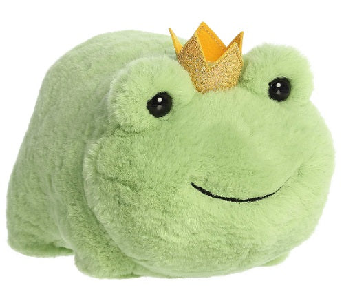 A plush toy resembling a potato shaped, smiling, green frog with a golden crown.