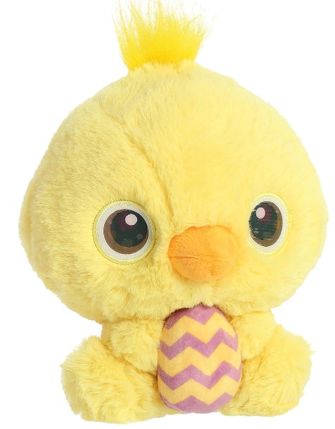 A bright yellow plush chick with lenticular shifting eyes holding an egg.
