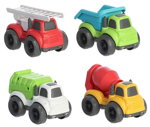 A set of four colorful mini city vehicles made from wheat straw plastic, including a fire engine, dump truck, cement mixer, and recycling truck.