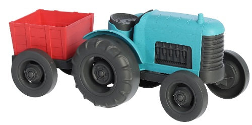 Blue toy tractor with red trailer.
