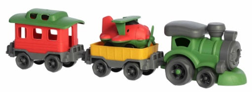 Toy train with green engine, yellow car with a plane in it. and a red caboose.
