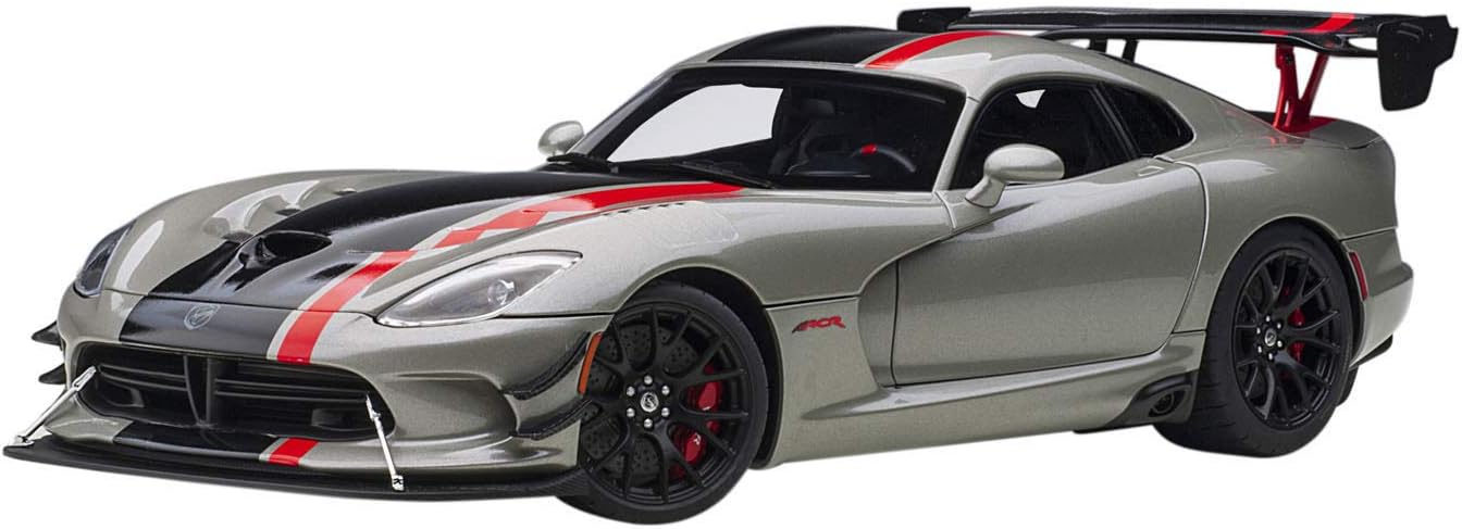 A 1/18 scale model of a 2017 Dodge Viper in silver with a black and a red stripe.
