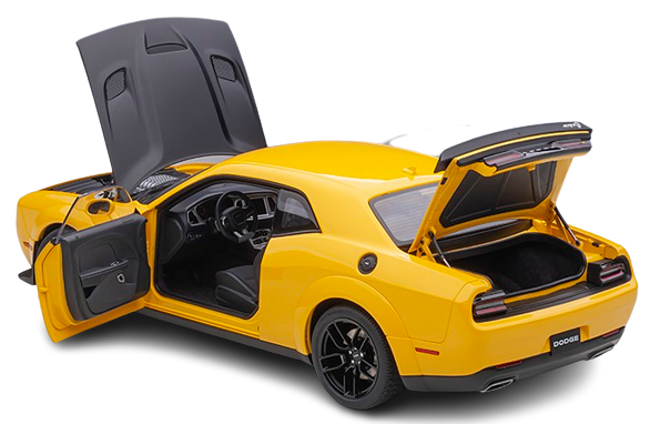 1/18 scale model of a yellow Dodge Challenger SRT Hellcat with a black hood showing open doors, hood, and trunk.