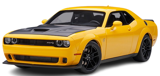 1/18 scale model of a yellow Dodge Challenger SRT Hellcat with a black hood.