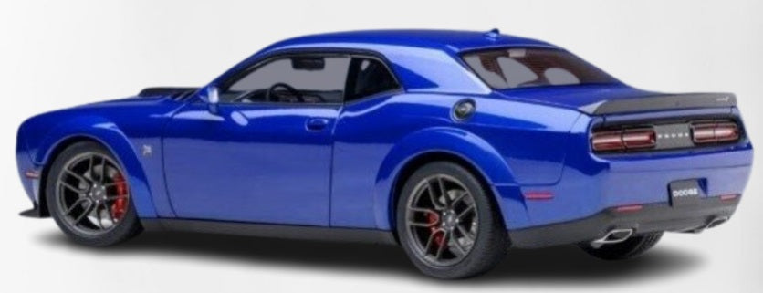 A model car of a blue 2022 Dodge Challenger.