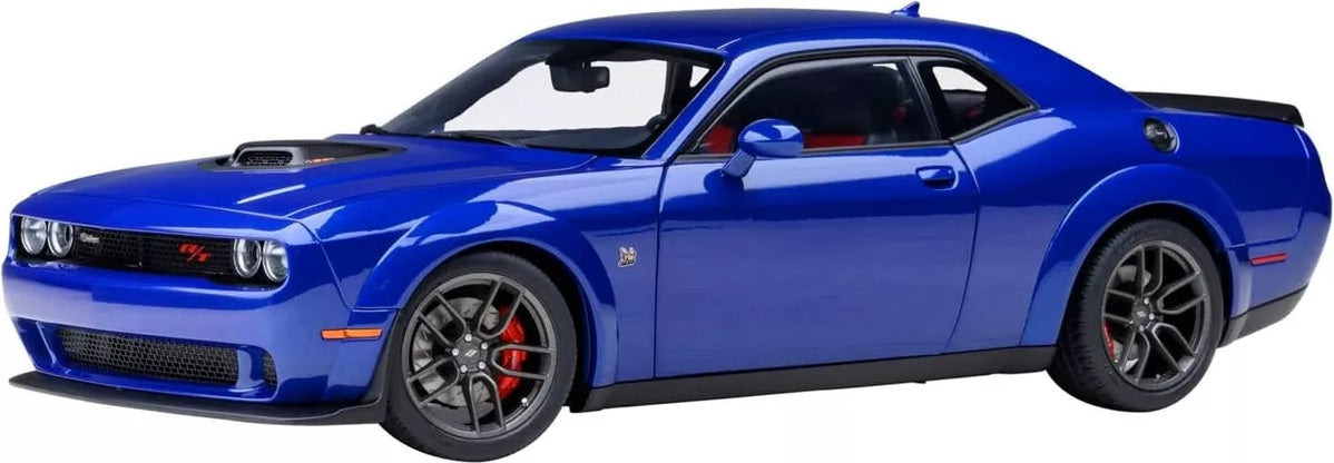 A model car of a blue 2022 Dodge Challenger.