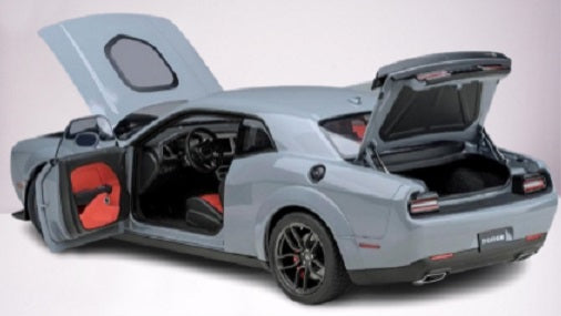 Scale model of 2022 Dodge Challenger with open doors, hood, and trunk.