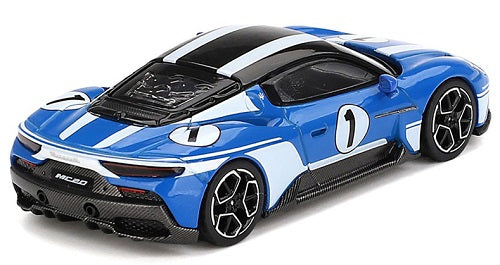 A 1/64 scale diecast model of a blue Maserati MC20 with white stripes and black top, number 1 on the side.