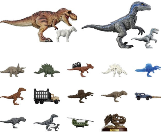 Collection of dinosaur figures and vehicles.