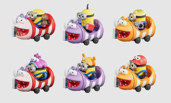 Six unique Minions in roller coaster ride cars.