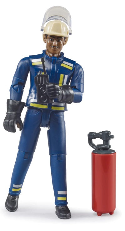 Bruder 1/16 scale figure of fire fighter in blue gear with fire extinquisher