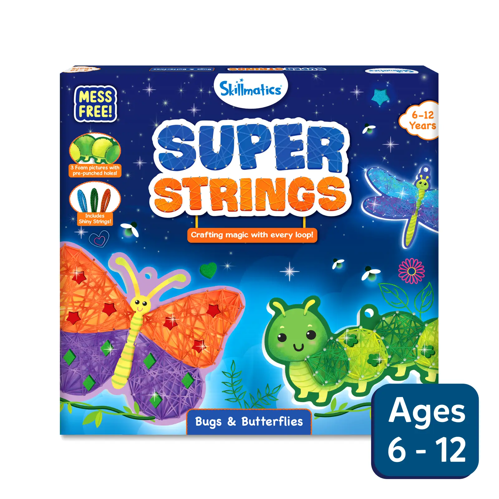 Skillmatics Super Strings craft kit packaging with a butterfly and caterpillar design on a blue background.