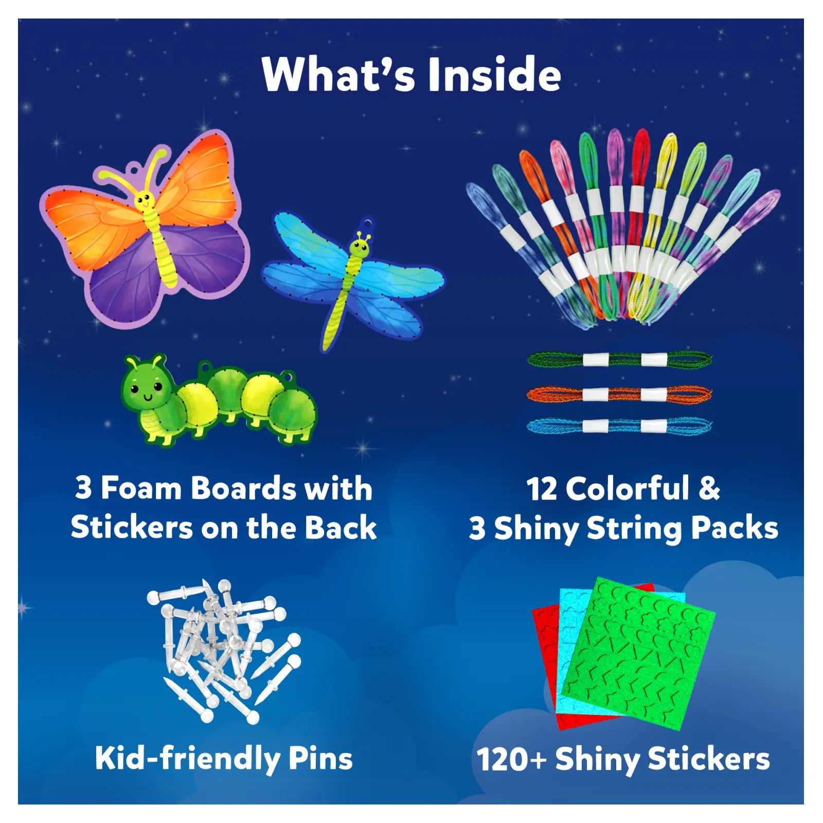 Product packaging with included items including foam boards, string packs, pins, and stickers on a blue background.
