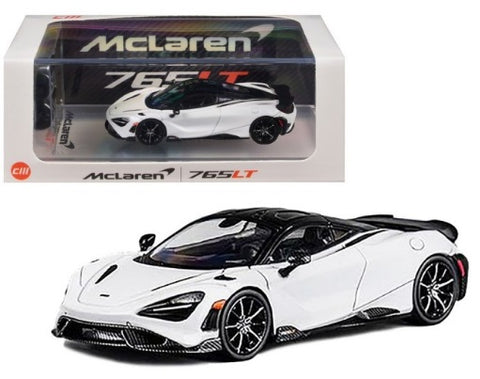 White McLaren 765LT model car with packaging on a white background