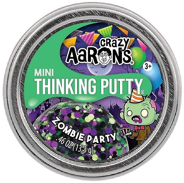 Round metal tin with a zombie character and putty with purple, black and green round shaped pieces.