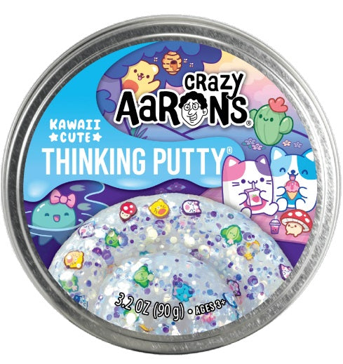 Round metal tin of clear slime with sparkles and small pieces with Kawaii faces on them.