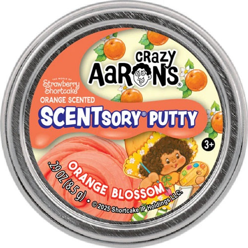 Round metal tin with pictures of oranges, a character, and orange putty.