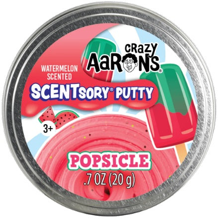Round metal tin with watermelon and popsicle icons and a pink putty swirl.