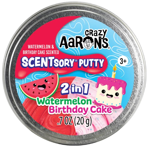 Round metal tin with watermelon and cake characters and pink and red putty.