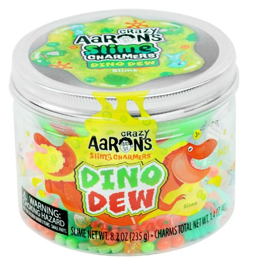 Jar of slime with picture of a dinosaur.