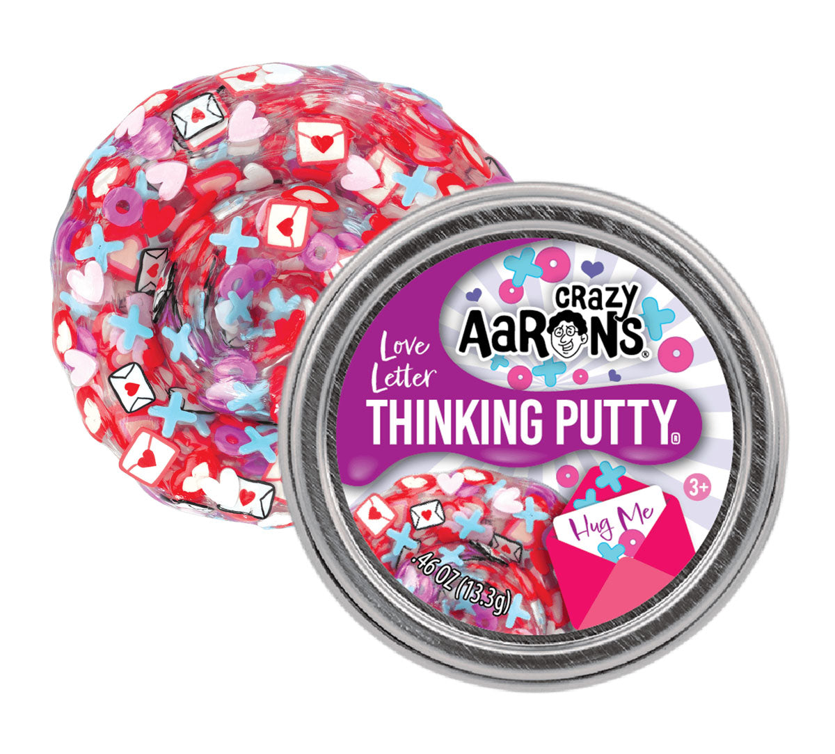 Clear putty with mixed in "X" "O" hearts, lips, and envelope shapes.