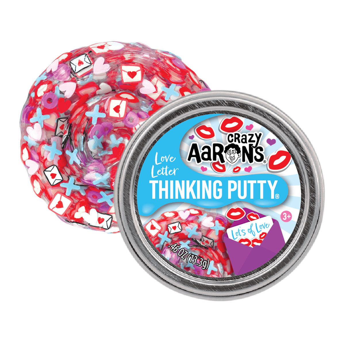 Clear putty with mixed in "X" "O" heart, lips, and envelope shapes.