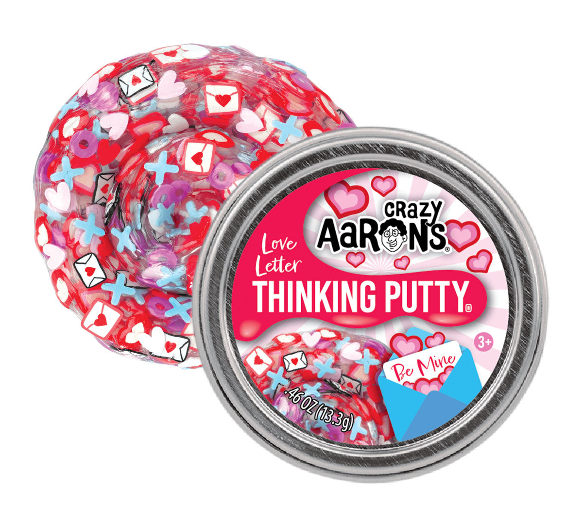 Clear putty with mixed in "X" "O" hearts, lips, and envelope shapes.