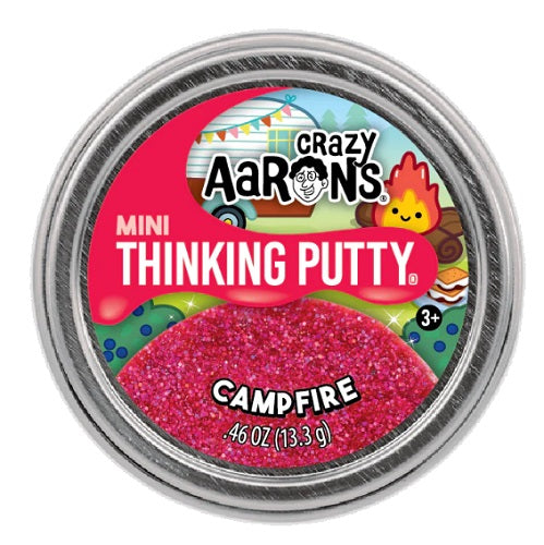 Round metal tin with picture of red sparkly putty, a camper, and a camp fire.