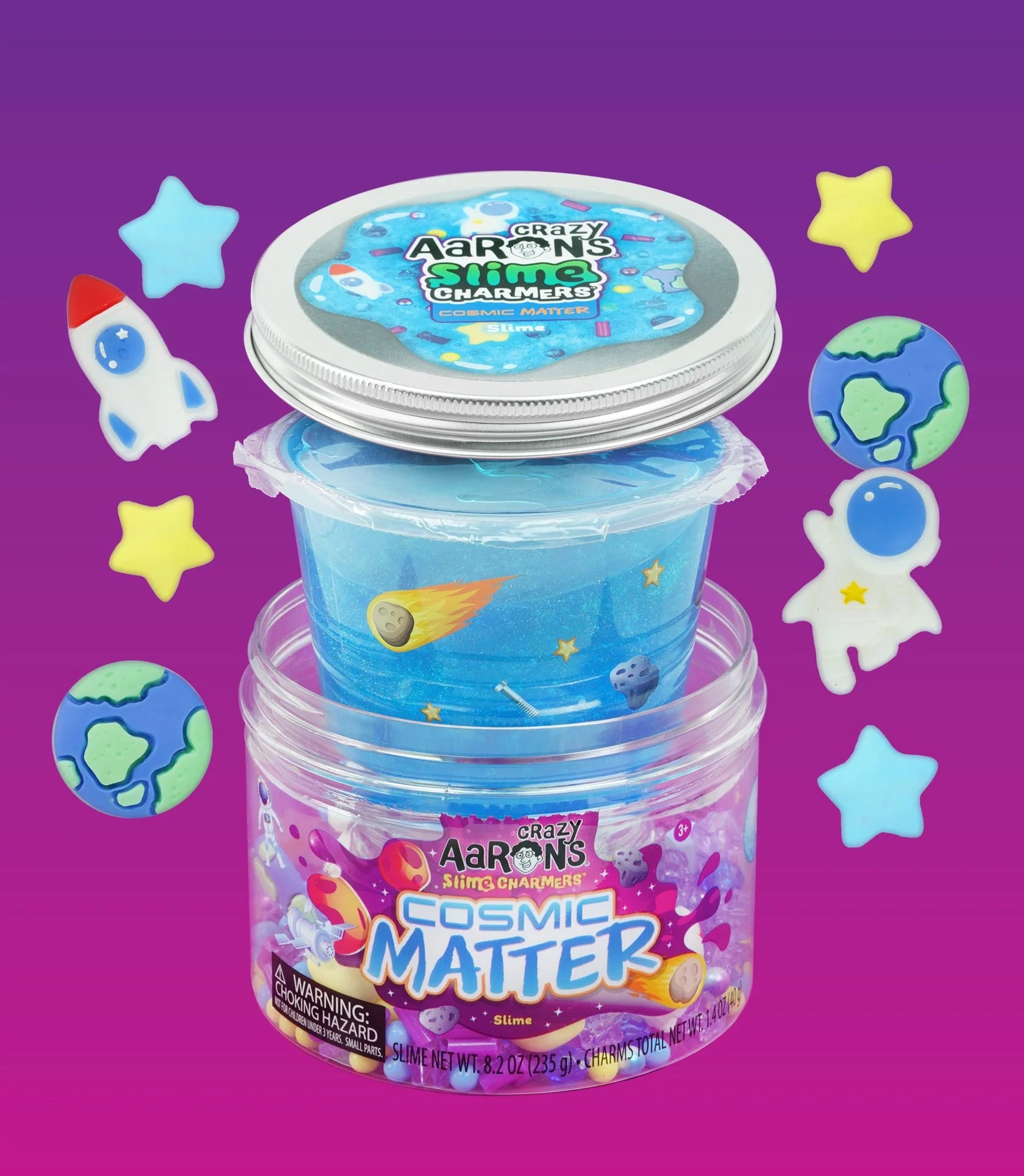 Jar of blue slime with star, rocket, Earth, and astronaut shapes.