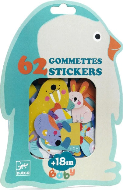 Penguin shaped package full of animal stickers.