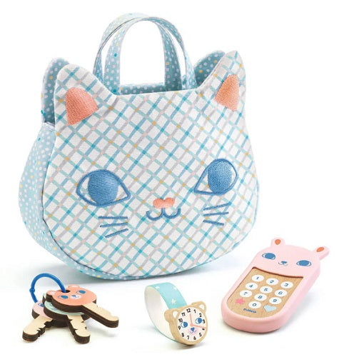 Children's cat shaped purse with pretend animal themed phone, keys and watch