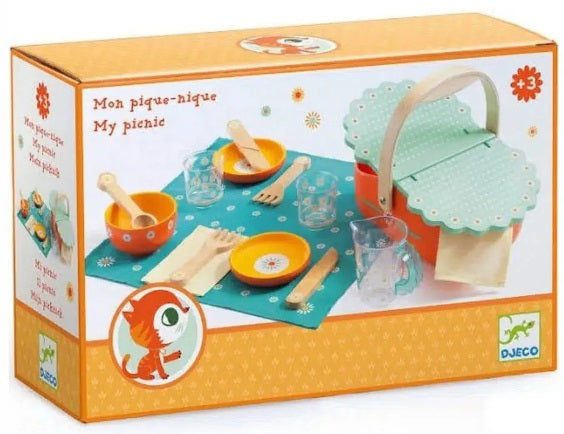 Wooden toy picnic set in package.