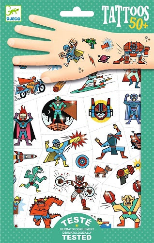 Package of Hero and villian themed temporary tattoos.