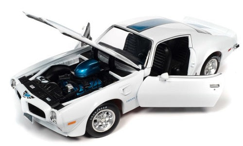 1971 Pontiac Firebird diecast model in white with open doors and open hood.