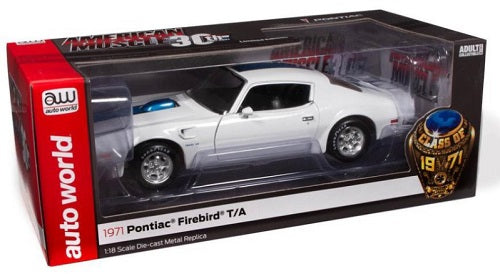 1971 Pontiac Firebird T/A model car in packaging with 'auto world' branding.