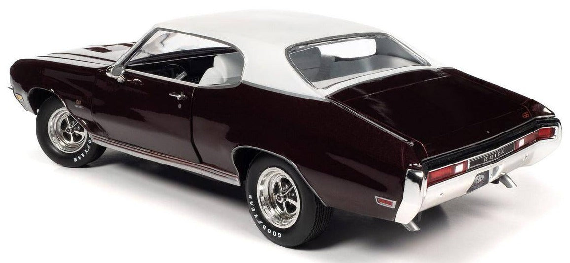 1/18 Scale diecast model of 1970 Buick GS, burgundy color with white roof.