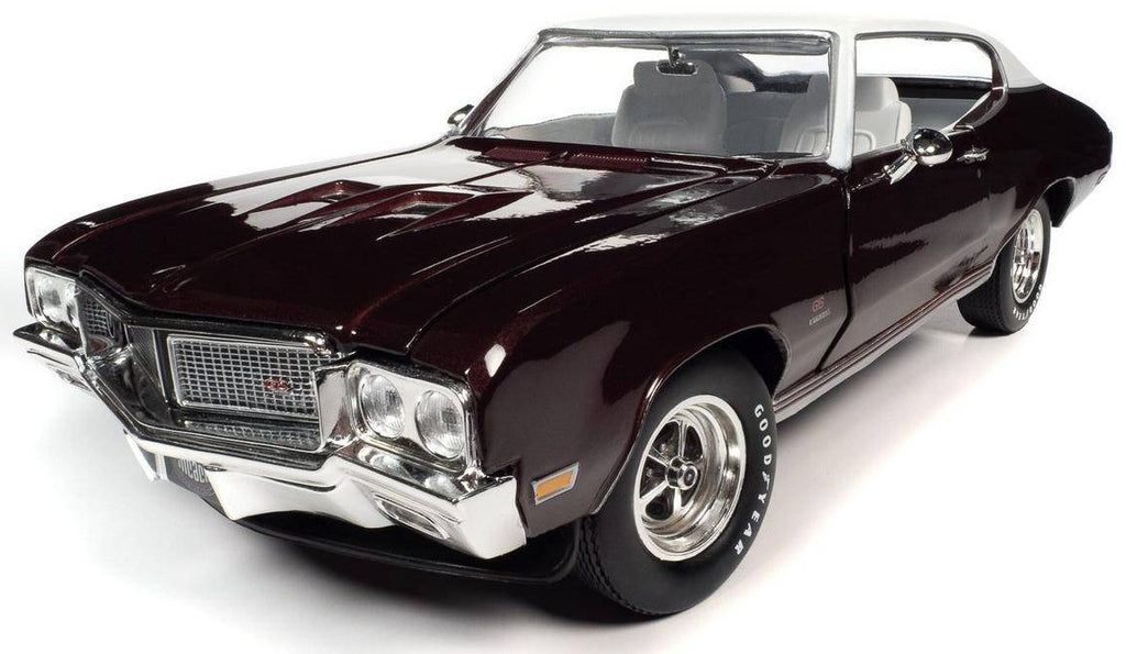 1/18 Scale diecast model of 1970 Buick GS, burgundy color with white roof.