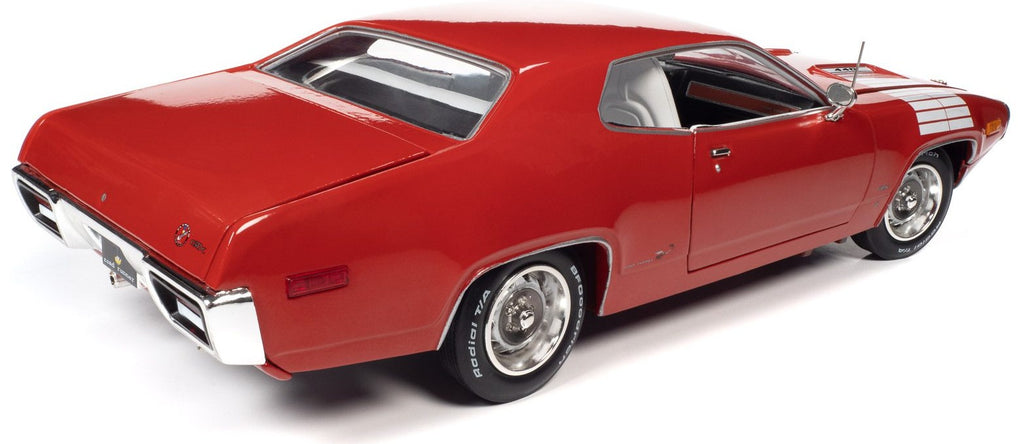 1/18 scale model of a red 1972 Plymouth Road Runner GTX.