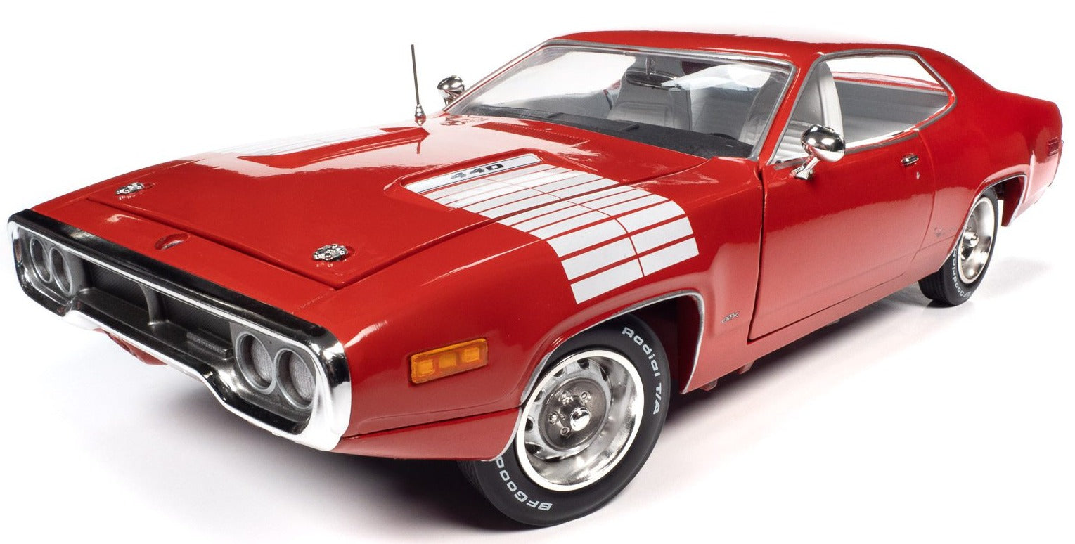 1/18 scale model of a red 1972 Plymouth Road Runner GTX.